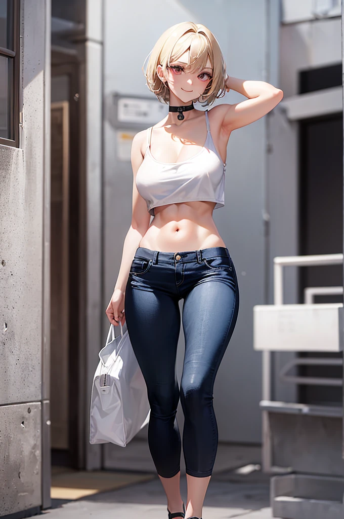 Create an image of a 20-year-old teenage woman .has ???? detailed body. He has an angelic face with red eyes, White skin. its height is 1,70 meters and has a detailed physique with large, firm ???????. Her short blonde hair, just above your shoulders, Wear a white tank top, neckline, PANTS xolo azul, PANTS, visible navel, thing legs, thin legs, long legs, walking. The posture is straight and firm, looking towards the camera with a smile