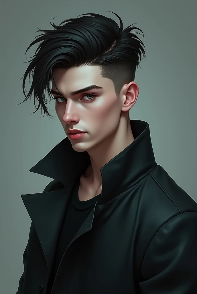 a young lad, white skin and short black hair, with a cool haircut, gray blue eyes. Despite being young, he has a marked jaw., a treacherous smile. The face has a more triangular shape. He has an athletic and slim body., wears loose, dark clothes. PICTURE REALISTIC.