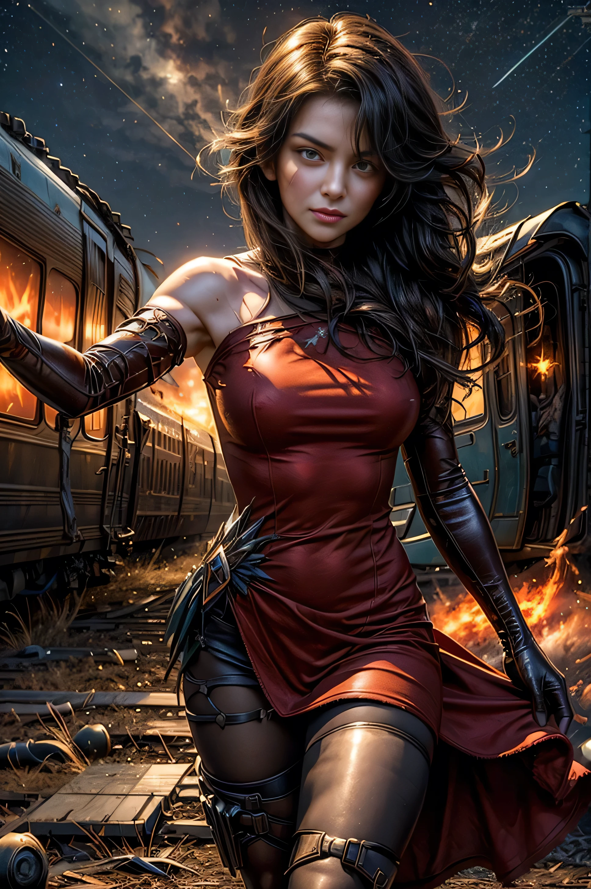 (masterpiece, best quality:1.2), cowboy shot, solo, 1girl, cinder fall, looking at viewer, long hair, red dress, elbow gloves, pantyhose, dynamic pose, next to wrecked train, holding flame, night, stars, closed mouth, serious look, serious expression, post-apocalypse, dystopian future crowd, (volumetric lighting), sharp focus, hyper detailed