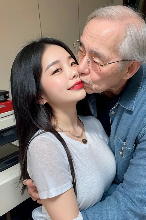 (((1 old korean man and 1 young korean girl having a deep kiss))), {1 korean girl is 20 years old, strikingly beautiful, black hair, delicate facial features, red lips,expressive eyes, perfect anatomy, best quality, shiny skin, (skinny, slender body:1.2), black hair, very long wavy hair, bangs, shiny-blue eyes, black eyelash, black eyeliner, nose, [shiny natural red lips], brightly smile, laughing, white button-shirt, denim-pants, necklace, smartphone}, (((old man is 70 years old, wearing mechanic's work clothes))), correct hands, ((old man hugging young girl)), focus on old man,