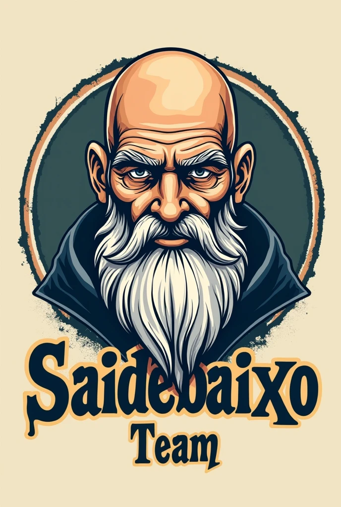 Emblem of a volleyball team called Saidebaixo With a volleyball and an old bald man with a beard written Saidebaixo