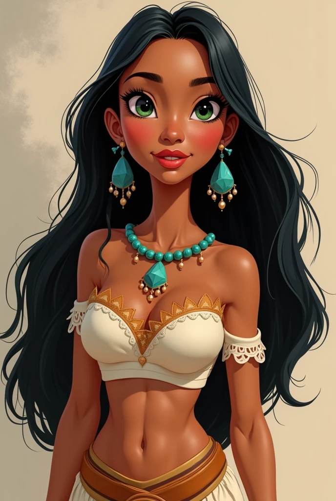 Una caricatura de una mujer con un vestido marron-blanco y cabello largo y negro y de ojos naranja-verde fusionado., Pocahontas, portrait of Pocahontas, portrait of a young Pocahontas, estilo artístico de disney, arte conceptual de disney, arte al estilo de disney, princesa &#39;kida&#39; kidadagash, hermosas fotos de avatar, estilo de personaje de disney, hermosa pintura de personajes, Lalisa Manoban de Blackpink,(beautiful makeup :1.2), Wide hips, big, big ass, (best quality, 8K, masterpiece: 1.3), Clear focus: 1.2, Perfect body beauty: 1.4, strong abs, Very detailed face and skin texture. , detailed eyes, double eyelids, (long hair), having very marked curves, with greater volume in ((hips and breasts)), which makes the waist look much smaller ((wasp waist)).