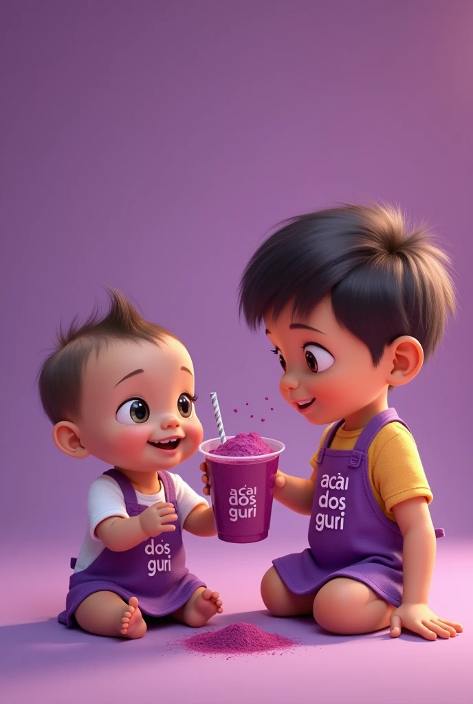 A 4 month old baby with light eyes and hair, facing forward holding a cup of açaí, wearing a purple apron with the words açaí dos guri written on it. And a 4 year old boy with dark hair and eyes , wearing an apron with the words açaí dos guri written on it. Photo for a commercial selling açaí, enhance the purple background. Cartoon style photo