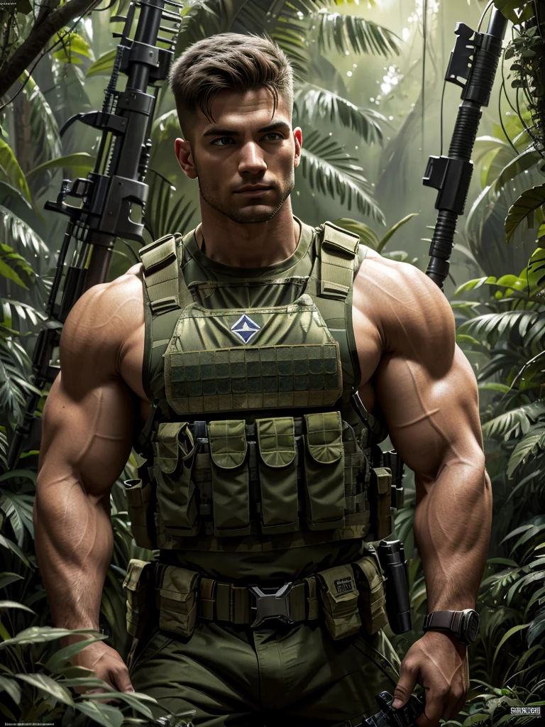 ultra-muscular North 1960' style American soldier, olive green camouflage military uniform, top tank t shirtbulletproof vest, carries a large heavy machine gun, is in an ultra detailed jungle, Ultra detailed, Hyper realistic, 4k, Ultra detailed image, realistic, Highly detailed, perfect composition , beautiful intricately detailed incredibly detailed, 8K fine art photography, hyper detailed, Masterpiece