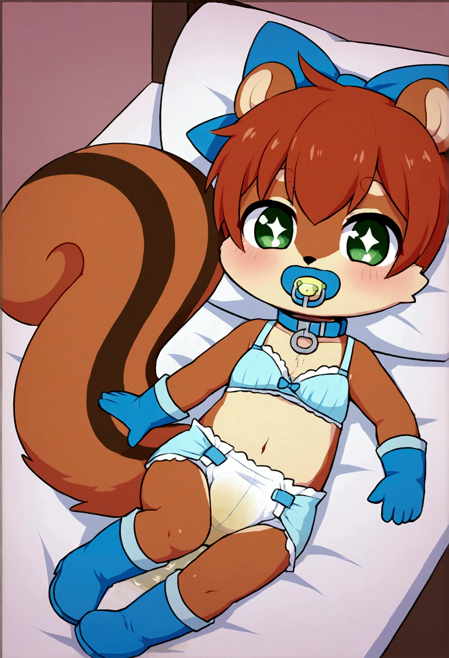 boy, squirrel, furry, bodyfur, tail, collar, bra, bottomless, gloves, boots, chibi, sparkling eyes, idol, hair bow, happy, full body, bed, lying, blush, pacifier, diapers, baby, peeing