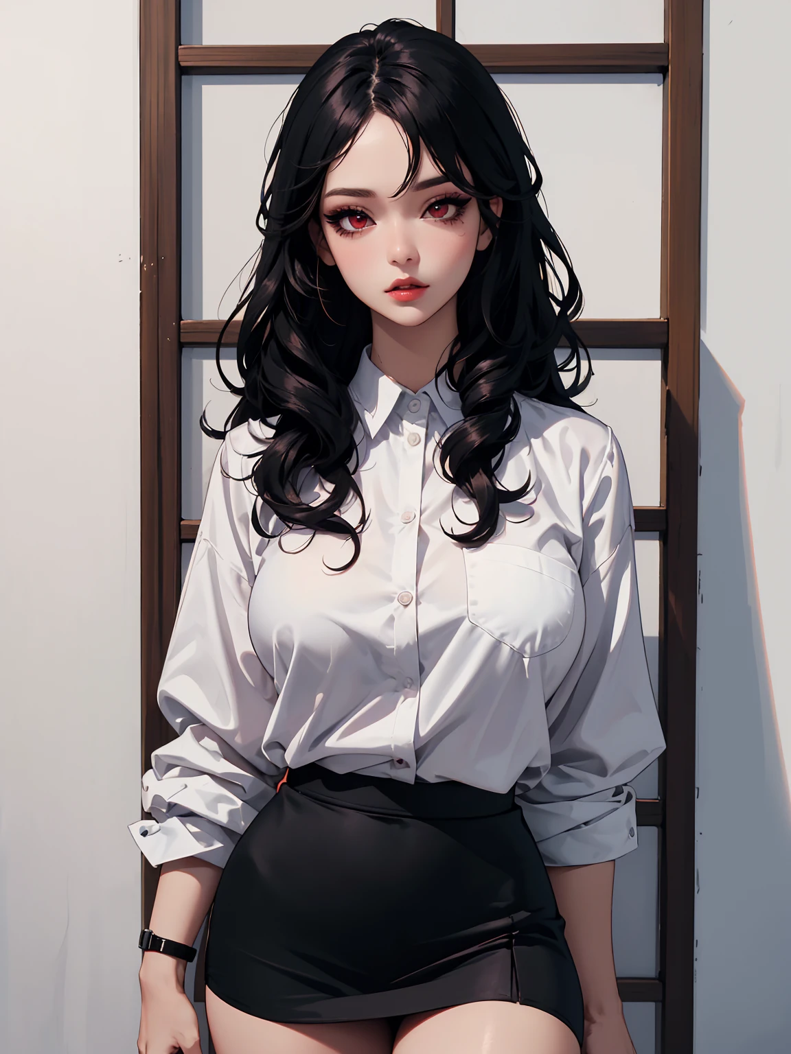 ((masterpiece, high quality, best quality, highly detailed, absurdres)), 1girl, (eyeshadow, eyelashes, eyeliner, glossy lips, full lips), semi-long hair, curly hair, red eyes, large breasts, white shirt, short skirt, black skirt, standing