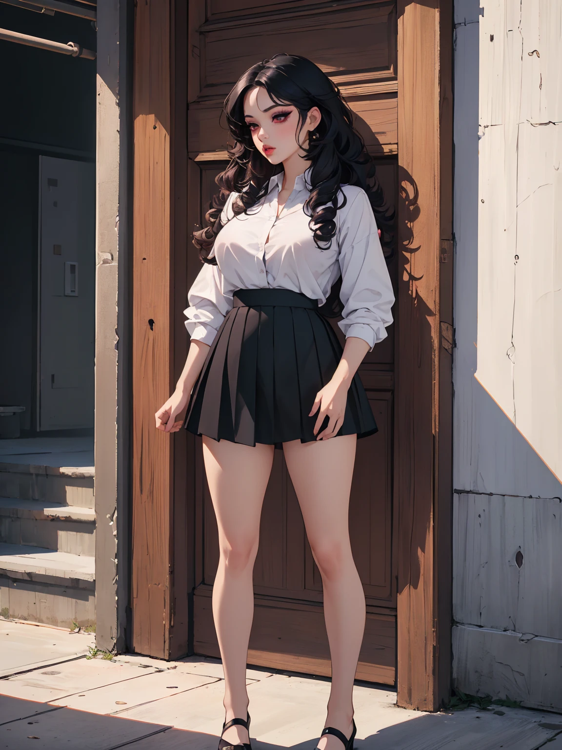 ((masterpiece, high quality, best quality, highly detailed, absurdres)), 1girl, (eyeshadow, eyelashes, eyeliner, glossy lips, full lips), semi-long hair, curly hair, red eyes, large breasts, white shirt, short skirt, black skirt, standing
