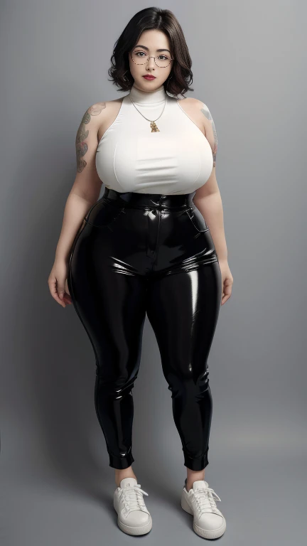 ((best quality)), ((masterpiece)), (detailed), perfect face, Beautiful, mother-in-law, asian-Indonesian , voluptuous, wearing random clothes (formal), In the black room, seductive expression, chubby body, nice body, milf chubby, chinese-Indonesian. Full body, big arm, wide hips , wearing a sneakers, bob hairstyle,  , chubby cheeks, 35 year old, chubby tall woman, tattooed thighs , yakuza tattoos , big thighs, big armpits , chubby massive cheeks , thick neck, cold atmosphere, low light, wavy short haired, big breasts, showing her armpits , thick woman , turtleneck, thick woman . Full body, wearing shorts pants , glasses, wearing 6 black latex bracelet, wearing a smartwatch, wearing double diamond necklace, cute dimples on cheeks 