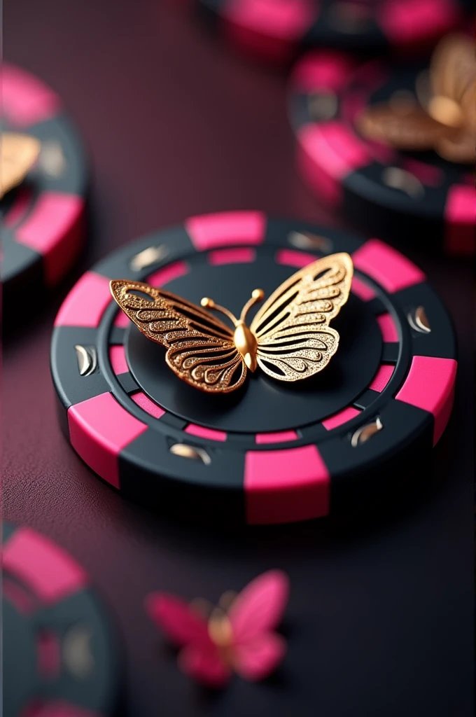 Black and pink casino chip with a gold and silver butterfly
