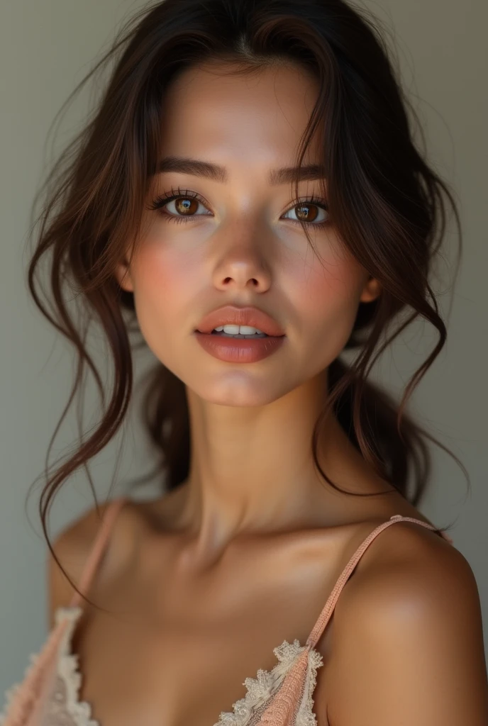 Really cute, woman, olive skin, brunette. Cleavage. She has smooth olive skin and round, expressive eyes with gently arched eyebrows. Her nose is small and soft, and her full, naturally curved lips often form a warm smile. Her cheeks are softly rounded, contributing to her youthful and approachable appearance.