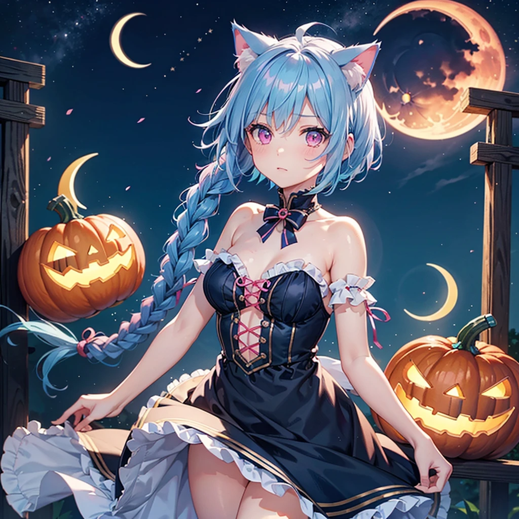 (Sky blue hair),(Braided short hair), (Pink Eyes),Fair skin) ,(whole body),(One Girl),(Crescent Moon),(There are lots of pumpkin ghosts in the background),Cat ear,Cat's Tail,(Sailor suit),(Ahegao),(Fall into Darkness),If you don't give me sweets, I'll play a prank on you.),Halloween Night Party),(masterpiece, Highest quality, Very detailed, Best Shadow), (Detailed Background), (Beautifully detailed face), High Contrast, (Best lighting, Very delicate and beautiful), ((Cinematic Light)), Hyper Detail,8k, Dramatic Light, Intricate details,night,(Bats flying in the background),High quality