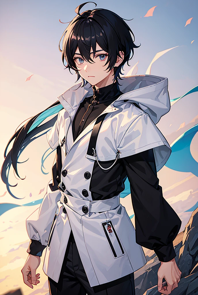 An anime boy with half white and half black hair that reaches his shoulders