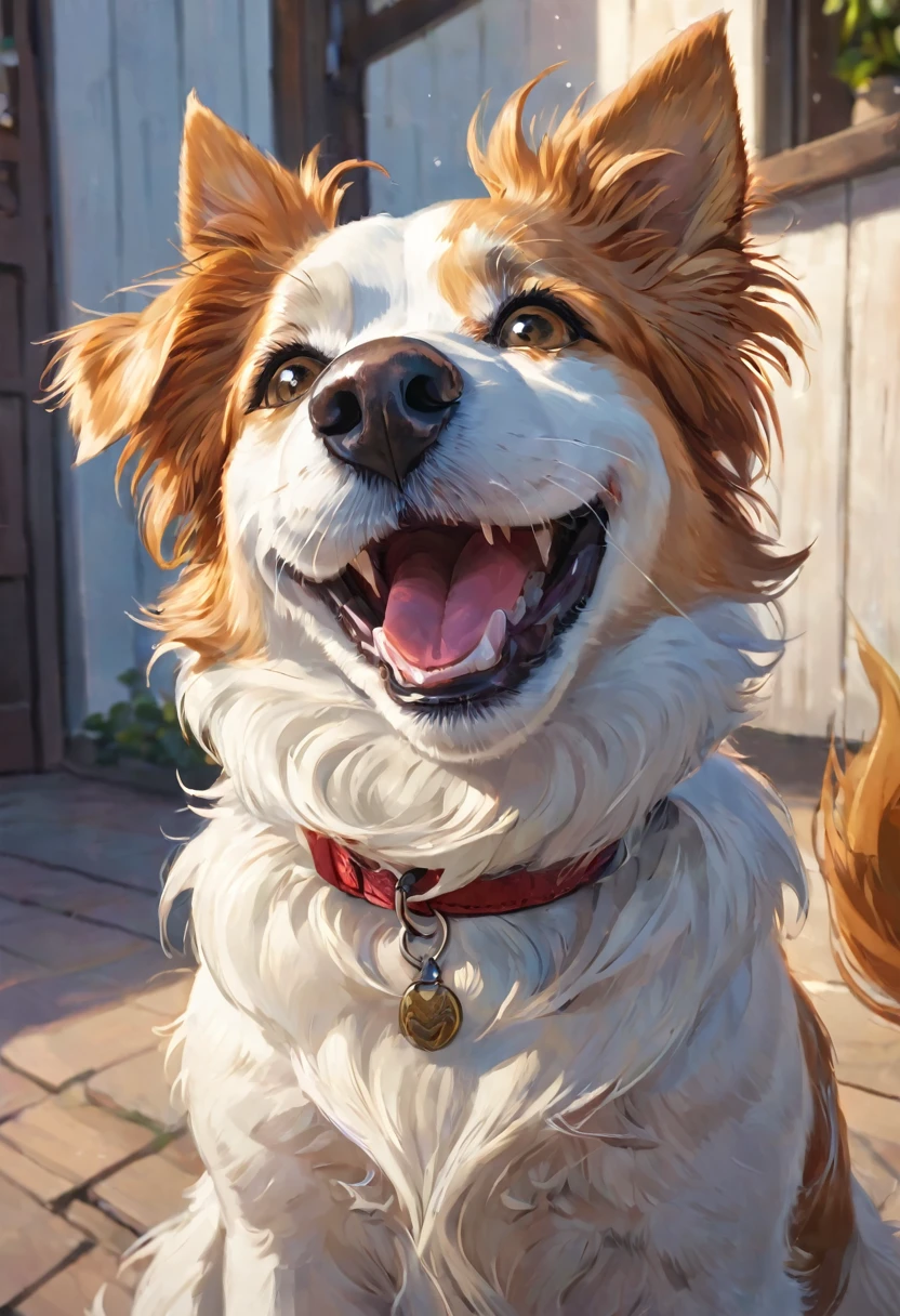 dog, calm expression, laugh, close one's eyes, Surrounded by gold coins, full of money, perfect face, perfect body, Stack the gold coins, fine particles of light