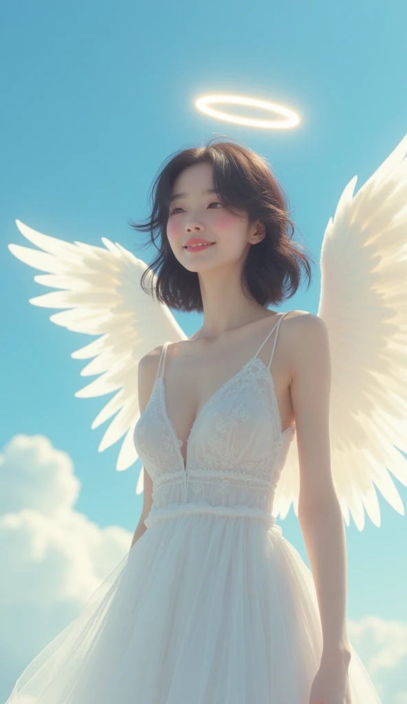 (Beautiful brunette woman, Beautiful angel, whole body:1.3),(White skin:1.8),(Beautiful small breasts:1.35),(Angel Halo, Slightly larger angel wings:1.4),(Look at this),(A kind smile, blush, Long face:1.45)、(White see-through dress, Transparent pubic hair:1.8),Random Accessories、(Asymmetrical layered cut hairstyle:1.15)、blue sky, Floating in the air, heaven