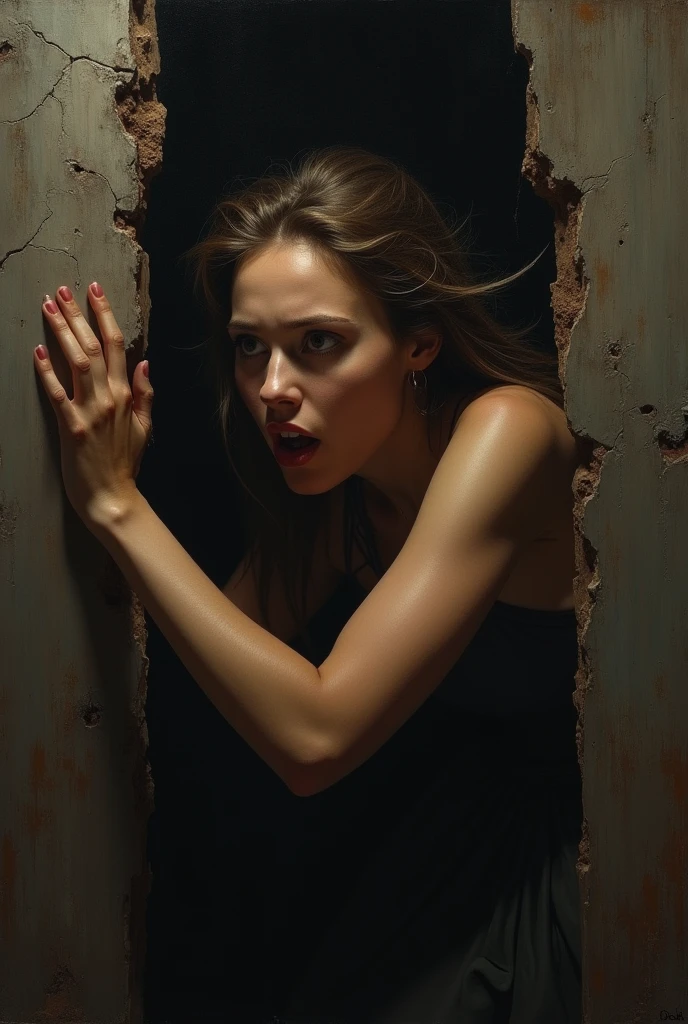 Image of a painting with a woman trying to get out with her head and one arm out