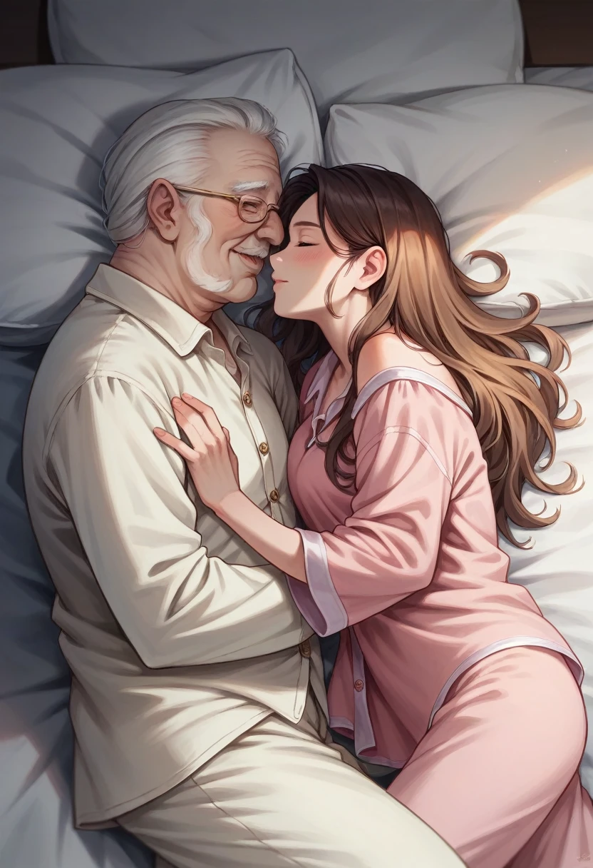 ((best quality)), ((masterpiece)), (detailed), old man and young women clad in cozy pajamas, gently entwined in a loving embrace, (serene sleep:1.4) on a large, plush bed adorned with luxurious satin sheets, (luxurious comfort:1.3). The image, captured from a tender side perspective, (side shot:1.2), is expertly rendered in the style of Mary Cassatt. wpega, 2girls, multiple girls