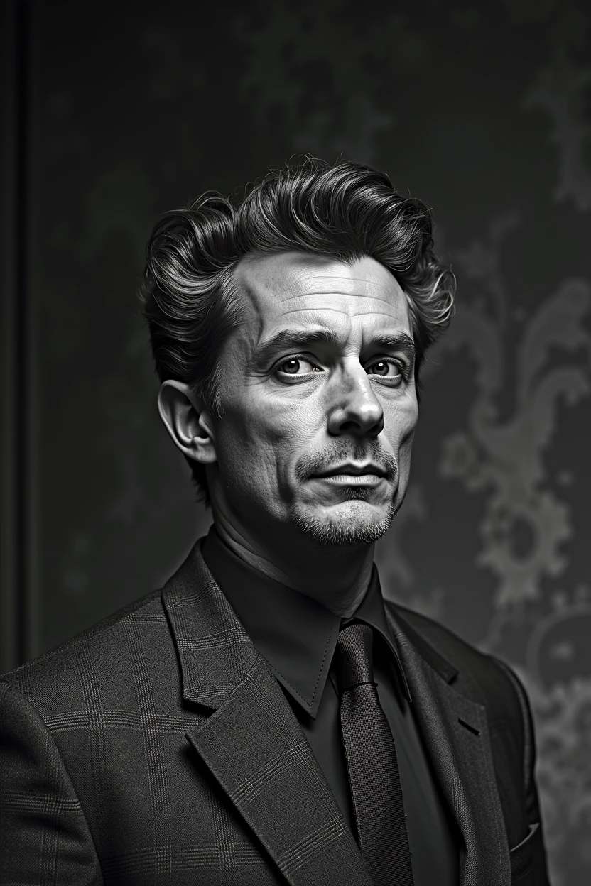 A man with a sharp gaze and a confident demeanor, dressed in a classic suit and tie, stands against a dark, textured background. His hair is styled in a sophisticated, old-fashioned way, adding to his air of mystery and intrigue. The image is rendered in a high-contrast black and white style, emphasizing the starkness of his features and the intensity of his expression.

[A portrait capturing the essence of mystery and intrigue, reminiscent of the work of  Richard Avedon], [Dramatic lighting, highlighting the textures of the man's face and clothing, with a blurred background, creating a sense of depth and focus on the subject. The colors are stark black and white, evoking a sense of drama and intrigue.]