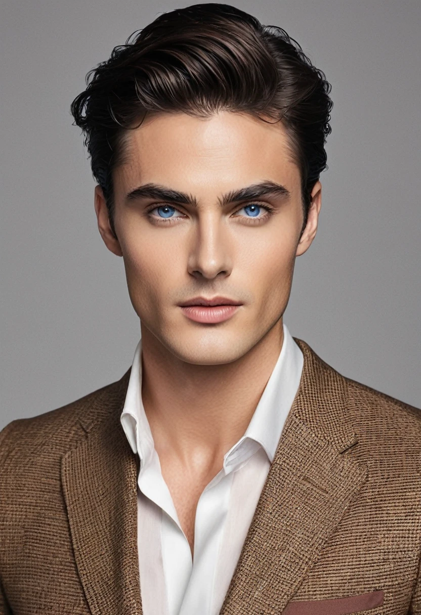 He is a man of Italian descent with striking European features. His oval, symmetrical face showcases slightly high cheekbones and a strong jawline that accentuates his well-defined chin. His fair skin, with a golden undertone and a slight tan, suggests moderate sun exposure. His deep blue eyes, with a hint of gray, are almond-shaped, medium-sized, and slightly tilted upward, conveying an alert and intense expression, framed by dark, thick eyebrows. The straight nose is well-proportioned to his face, with a high bridge and a well-sculpted tip, complementing his elegant features. His mouth, with medium-thick lips of a rosy hue, maintains a defined contour, forming a firm line when closed. His dark hair, ranging from dark brown to black, is dense and slightly wavy, styled back smoothly in a modern fashion. The ears, proportional and discreet, complete the harmony of his well-sculpted face.