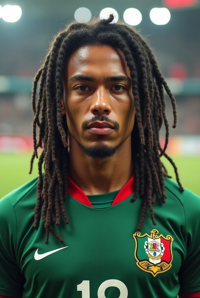 Joueur de footballl mexicain avec peau blanche, cheveux ???? avec un p’tit bouc moustache, et des longue dreadlocks attaché