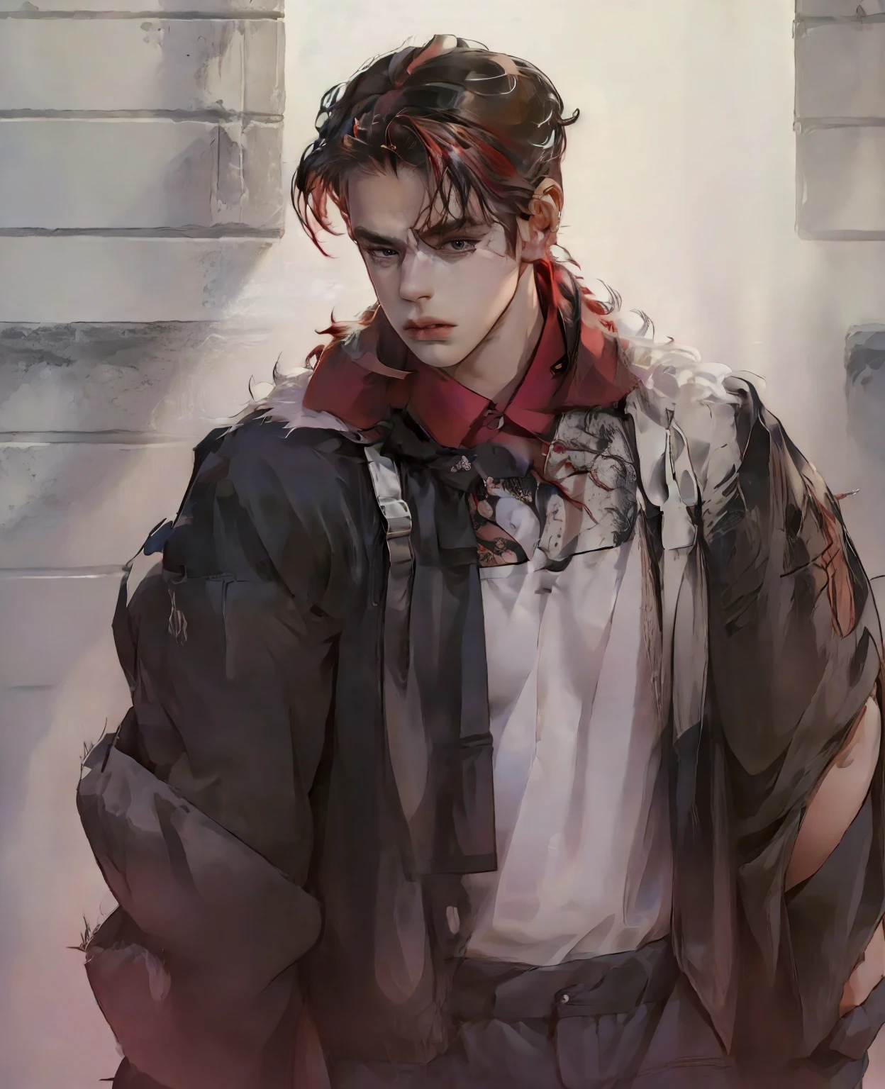 A young man with vivid red hair, piercing red eyes, wearing normal villager clothes, intricate detailed face, photorealistic, masterpiece, 8k, ultra-detailed, cinematic lighting, warm color tones, fantasy, character portrait