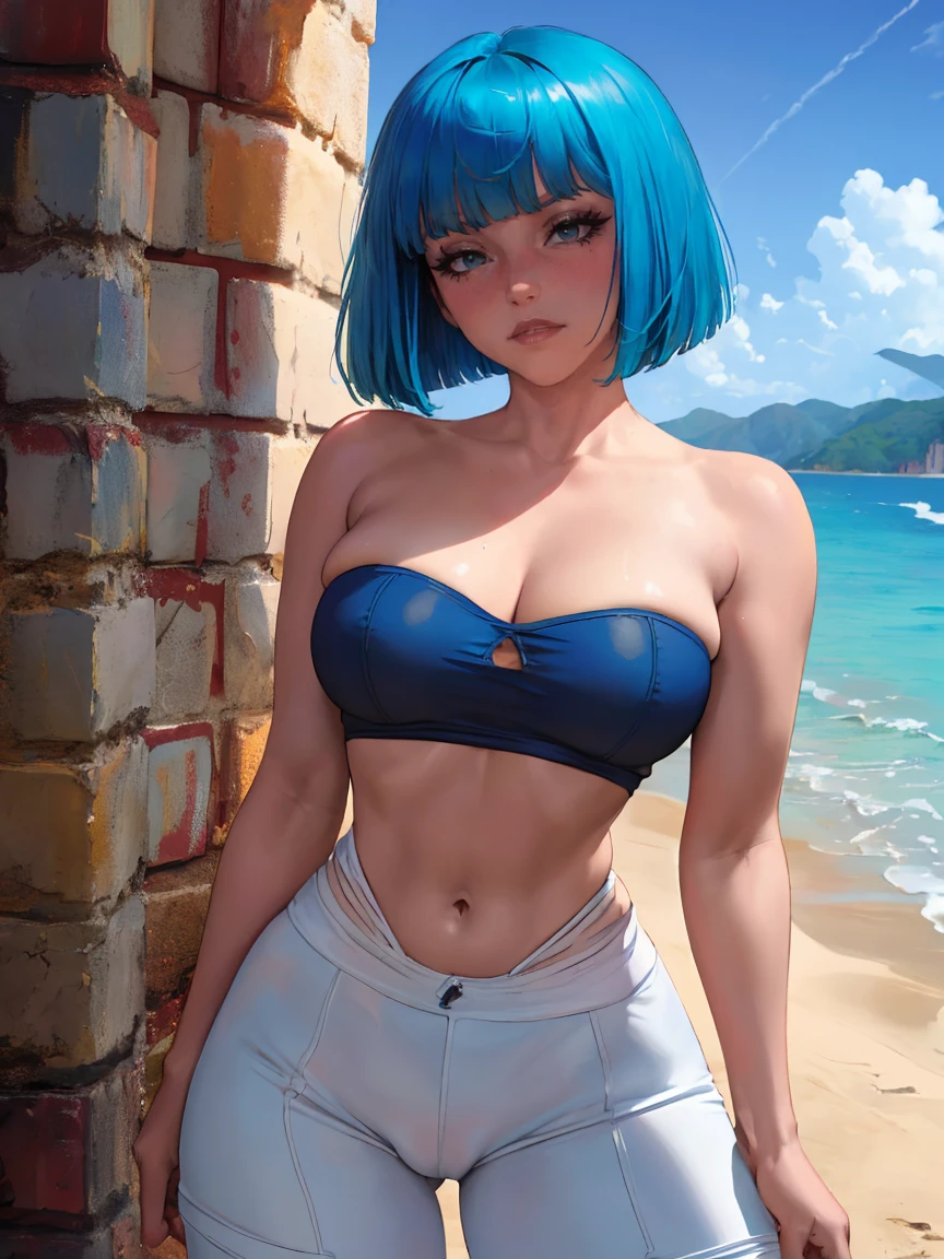 ((vintage comic style)), beautiful woman in bad mood, ((light blue hair)), ((bob cut hairstyle with bangs)), large blue eyes, ((blushing face)), busty, ((tight blue strapless t-shirt)), (white shorts lycra pants), cameltoe, masterpiece, best quality, 4k definition, ((beach background))