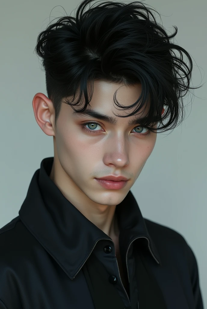 A young man, white skin and short black hair, with a cool haircut, gray blue eyes. Despite being young, he has a marked jaw., a treacherous smile. The face has a more triangular shape, wears loose, dark clothes. PICTURE REALISTIC.