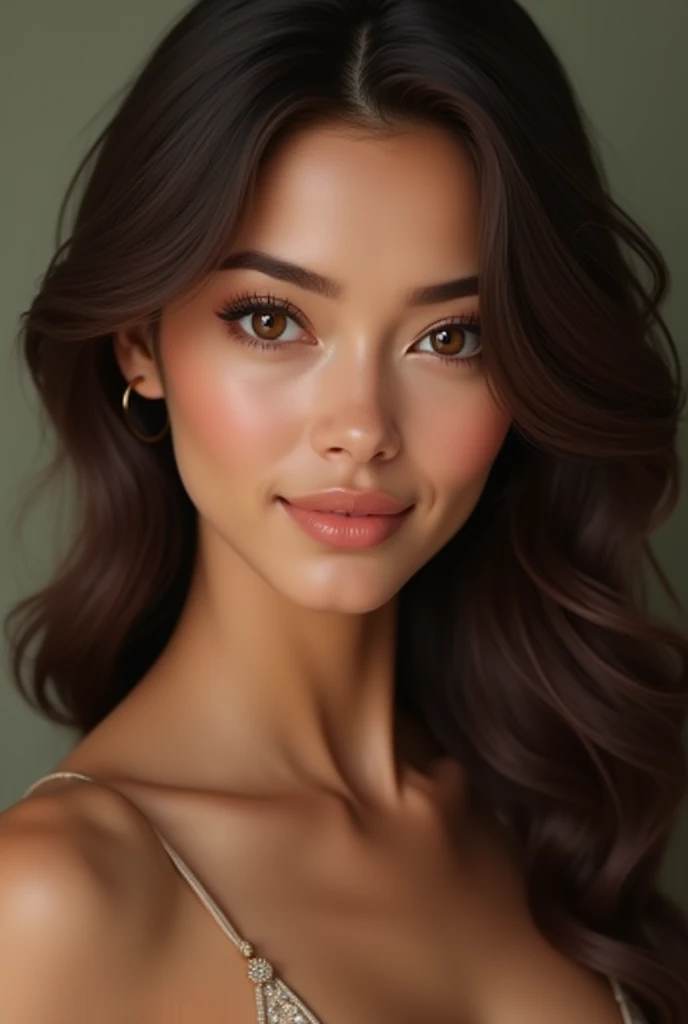 Really cute, woman, olive skin, brunette. Cleavage. She has smooth olive skin and round, expressive eyes with gently arched eyebrows. Her nose is small and soft, and her full, naturally curved lips often form a warm smile. Her cheeks are softly rounded, contributing to her youthful and approachable appearance.