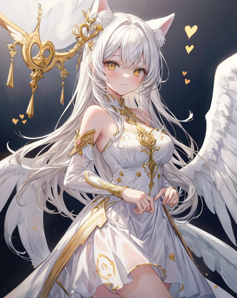  1catgirl, cat ears, (white long hair)) , oversaturated yellow eyes, intricate cool dress. Bare shoulders, white god dress with gold skirt. Portrait. Medium breast. Super detailed. Perfect anime yellow eyes, bare shoulders, white angel Wings. 
 Natural pose.  She's smiling , she's Smart . White fox tail. She's cupid .she is surrounded by gold hearts. She is surrounded by red hearts. She's flying (midair shot), (flying), As in Greek paintings, sexy pose