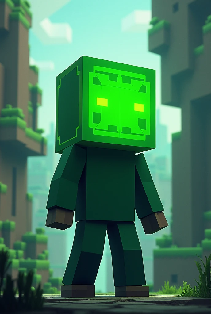 Character from the movie The Green Square Mask like Minecraft, in animation style