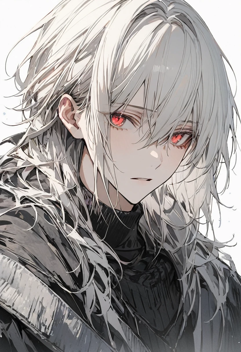 1boy, cold, tired, high detail, conceptual art, super detail, high details, high quality, best quality, red eyes, white hair, pretty, tall, emotionless, tired, weakly happy, middle long, light red eyes, ((femenine)), ((male face)), handsome, kuroume_1024, (wearning turtleneck sweater white, pants black), masterpiece, full body, solo, looking at viewer, white background, cold expression (face close-up), light ambience, 1boy, ,(CHARACTERSHEET:1) perfect face, white hair