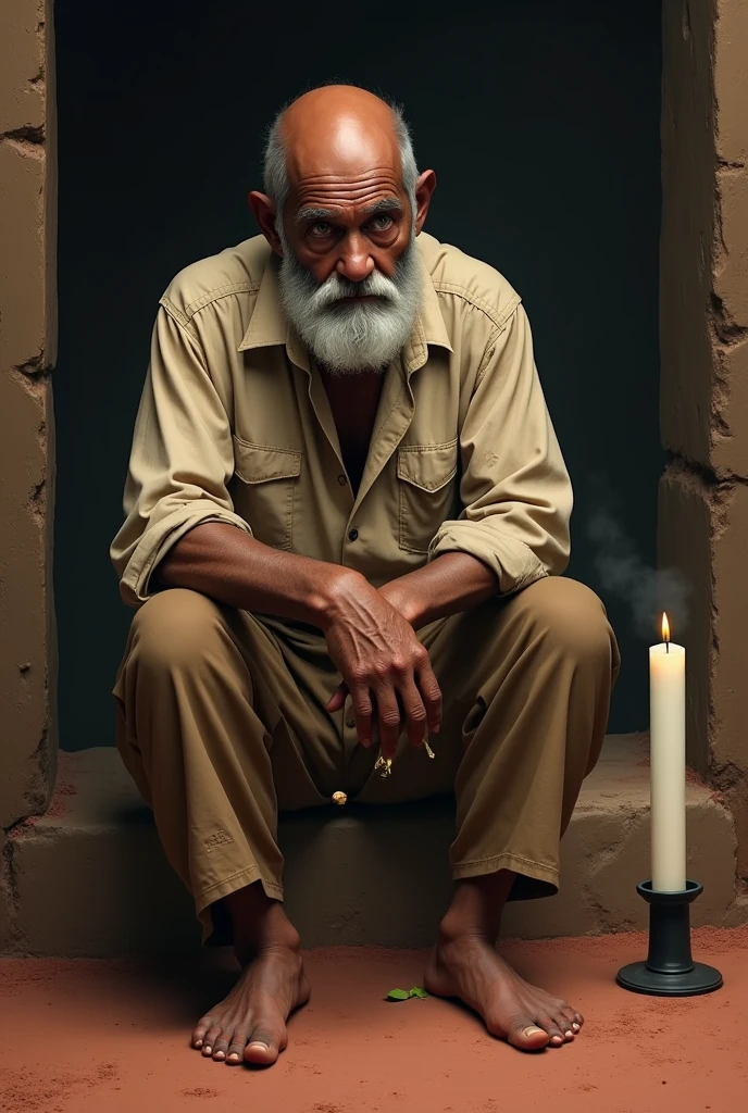 70 year old man ,stark ,bald man with gray beard ,beige blouse and brown distressed long pants ,serene and tired look ,Sitting on a stone ,with red clay floor , stark,barefoot slave quarters era in slavery times .With a cigar in his right hand .On the floor on the right side a candle half white and half black .