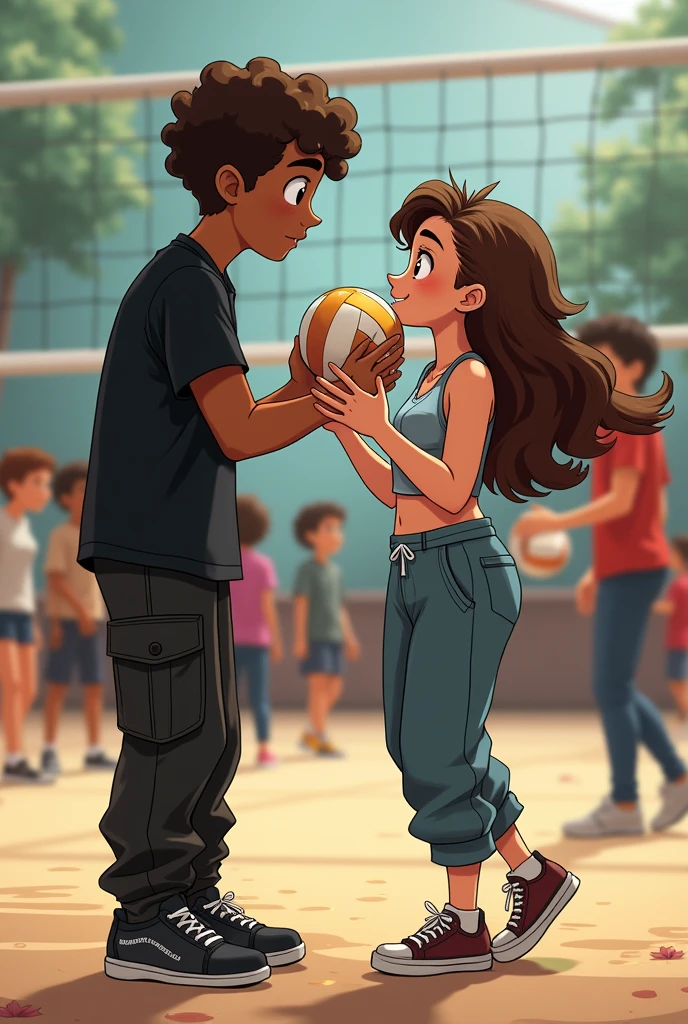 A tall brown boy with short curly brown hair in black cargo pants and a black shirt helping a very white, fat, short girl with long curly brown hair in a cropped top and baggy pants who got hit in the face by a ball in class, two teenagers and people around them playing volleyball