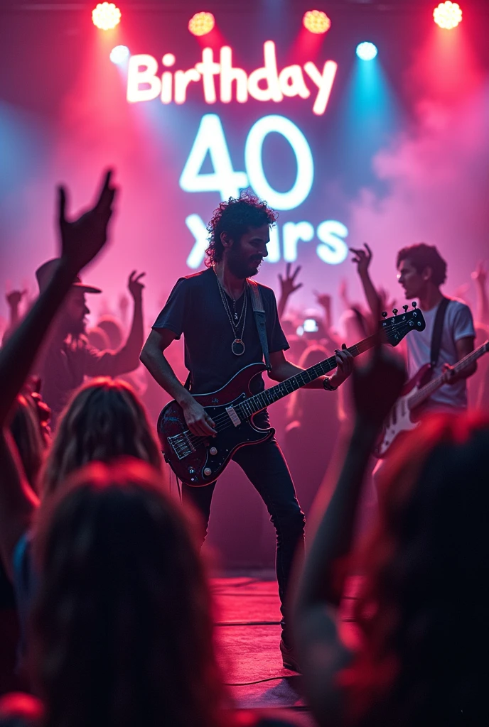 Creer une image sur un theme rock'n'roll avec des guitares . Il y aura une banderolle en haut avec ecrit dessus " Birthday 40 years "
