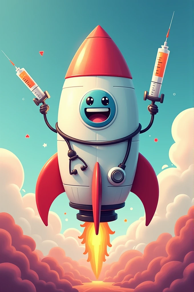 Cartoon rocket with stethoscope and syringes
