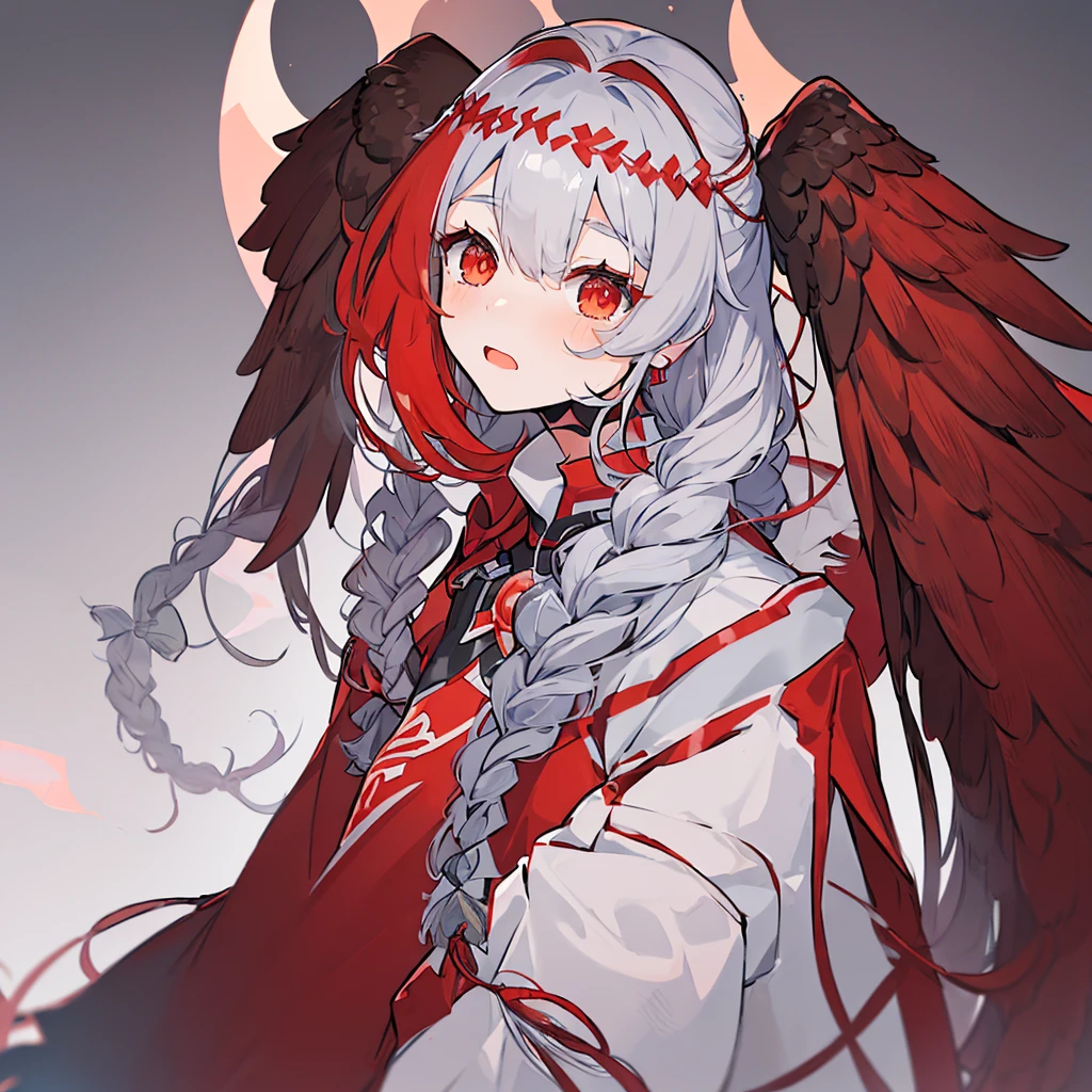 (1 boy, tall, large red wings, gray long hair with two braids next to the bangs, three red fears behind the ear, chibi, medium -sized head, eyes, not cute