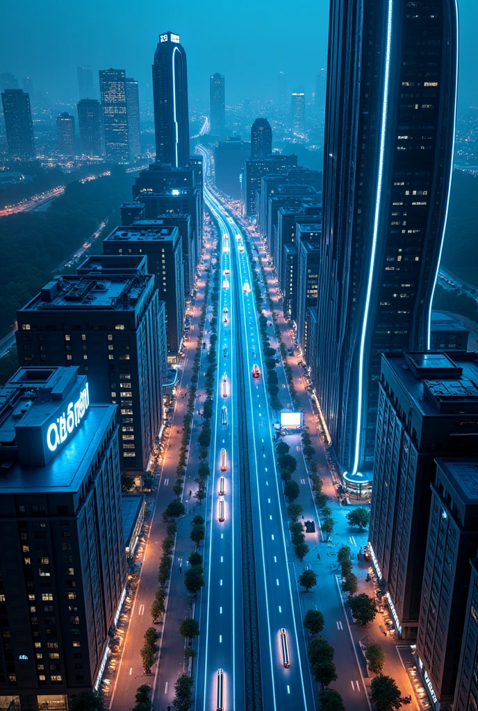birdseye view, curvy, blue neon lights ,art deco design, urban buildings,streamline moderne,futuristic architecture, Abstraction,modern style,Luxury and Luxury,Future night view,Futuristic decorative elements,Metallic,number line,sci-fi lamp,Virtual Engine,Unreal rendering, neon lights, apartments, restaurants, mixed use, multiple buildings, trees, parks, greenery, grass, green field,