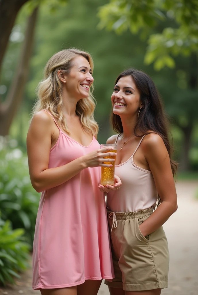 A photo of a age 37 (hourglass-figure blonde:1.5) woman wearing a pink sundress hanging with her girlfriend who looks much different.