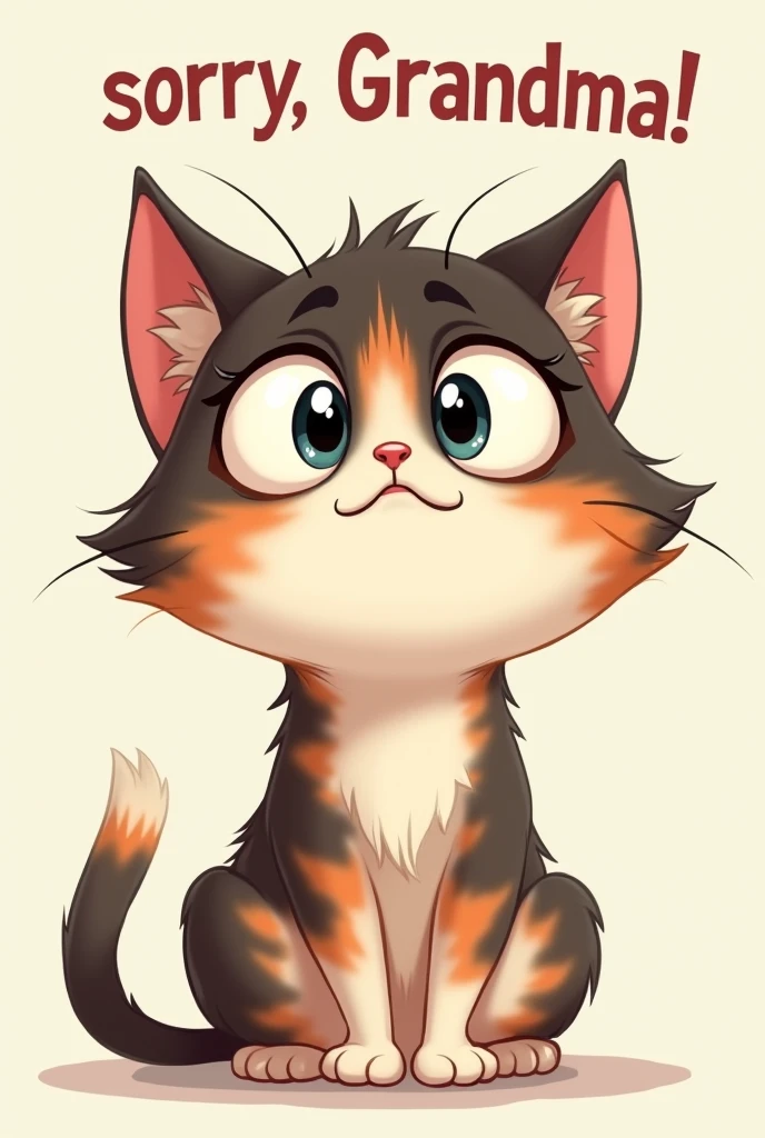 Cat with giant eyes apologizing with caption written on top "sorry, Grandma!"