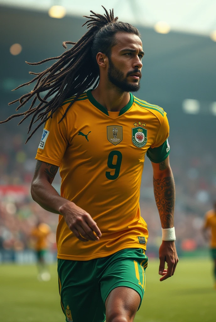 Joueur de footballl mexicain avec peau blanche, cheveux noir avec un p’tit bouc moustache, et des longue dreadlocks attaché