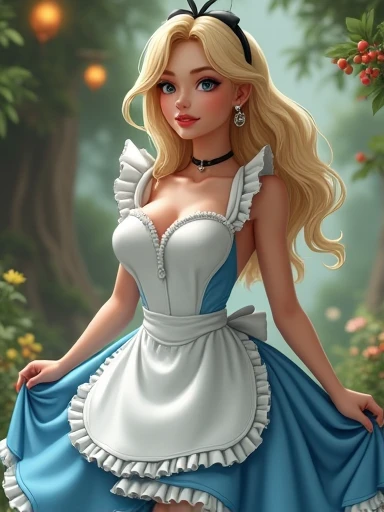 masterpiece, 1girl, solo, make her a sexy Alice in Wonderland with blonde hair, powder blue dress with white apron, white stockings, cleavage, dynamic, ultra high def, 32k, (perfect anatomy:1.5), perfect legs, in the style of Artgerm and Adam Hughes, perfect arms, downblouse, showing breasts, topless