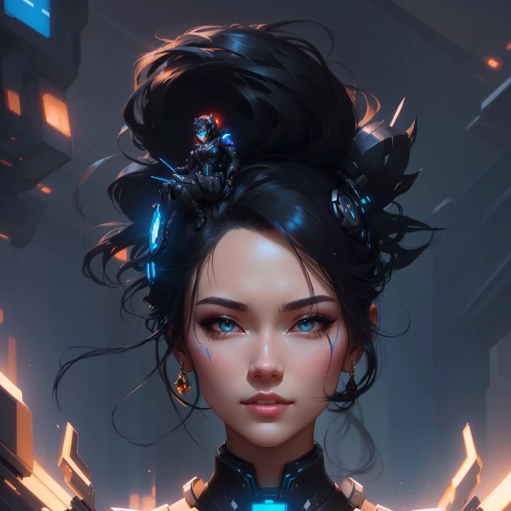 sci-fi, a close up of a woman with a sci-FI - fiorer on her face, RAVEN ROBOT IN HAIRS, rossdraws portrait, fantasy concept art portrait, wojtek fus, rossdraws 2. 0, rossdraws 1. 0, rossdraws digital painting, epic fantasy digital art style, cgsociety portrait, rossdraws global illumination, :: rossdraws, alexandra fomina artstation