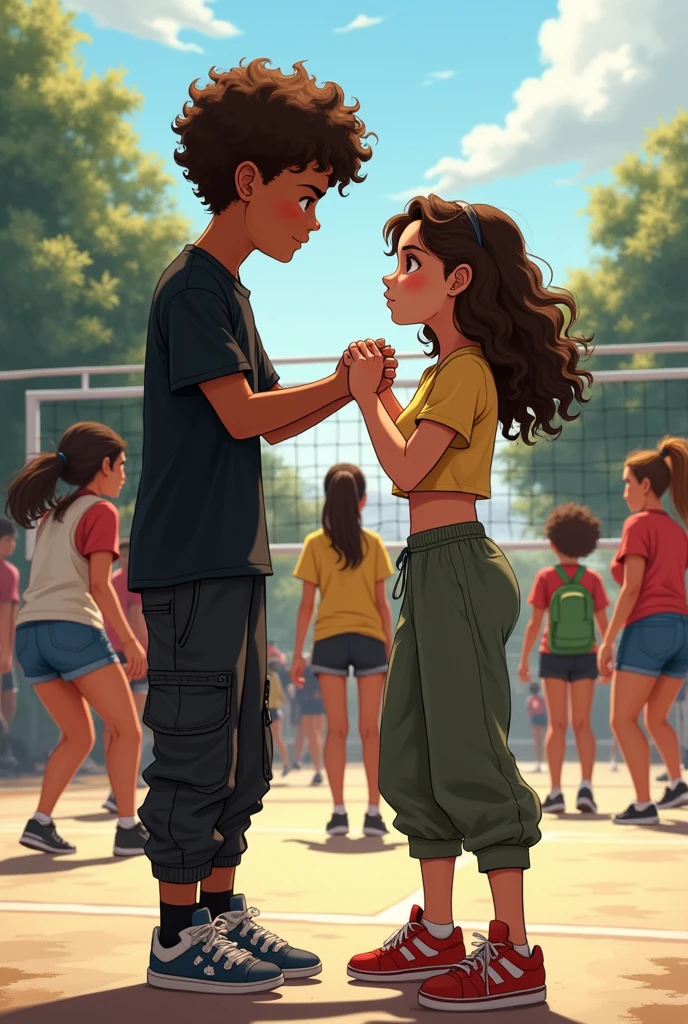 A tall brown boy with short curly brown hair in black cargo pants and a black shirt helping a very white, fat, short girl with long curly brown hair in a cropped top and baggy pants who got hit in the face by a ball in class, two teenagers and people around them playing volleyball