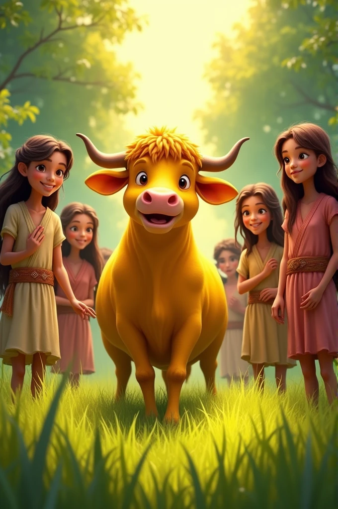 A bright yellow cow, surrounded by the children of Israel, who had long hair and long flaps, and behind them were thick grass. 