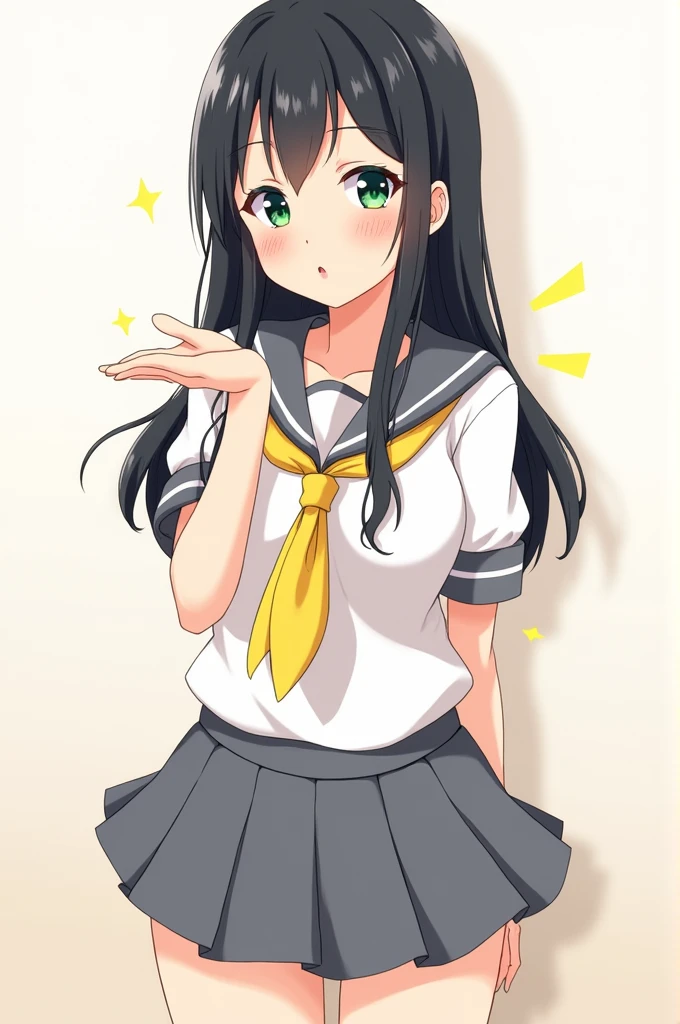 love live!,love live! sunshine!!,kurosawa dia,green eyes,hime cut,black hair,long hair,tsurime, love live! style, feet out of frame, best detailed girl, solo focus, posing, beautiful detailed fullbody, woman, 20 years old, long black hair, parted bangs, glossy hair, doyagao, flat chest best quality, love live! sunshine!!,gray skirt,white shirt,yellow sailor scarf,gray sailor collar,sleeveless,blow a kiss,wink