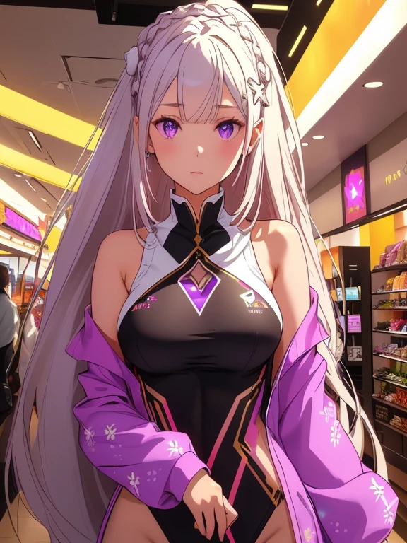 Emilia re:zero, purple eyes, Emilia, crown braid, x hair ornament, flower hair ornament, white hair, long hair, medium breasts, ((Masterpiece)), best quality, absurderes, ultra detailed, holographic, cowboy shot, golden ratio, super cute girl, mature girl, idol girl, super beautiful asian girl with very beautiful violet glowing eyes, beautiful glowing brown multicolored hair, high ponytail, nice and sexy body, slim body, perfect body, wearing a super tight anime printed leotard, an anime printed super tight off shoulder long sleeve crop top, a super aesthetic transparent mini jacket, beautiful hair ornament, pink jordan tennis, being photographed in a mall shop with her handsome skinny boyfriend, with black messy black glowing hair, and super casual clothing