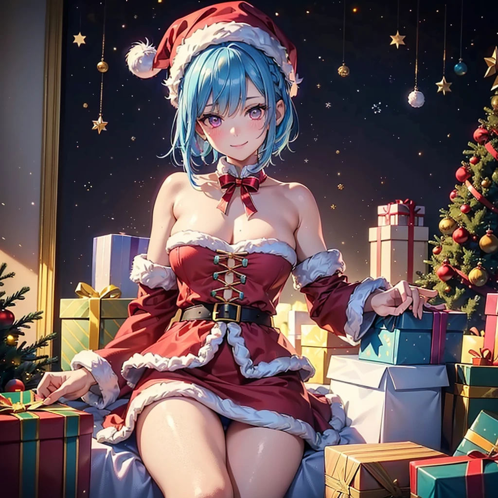 (Sky blue hair),(Braided short hair), (Pink Eyes),Fair skin) ,(whole body),(One Girl),(Gift boxes filling the background),(Santa Claus clothes),(Cute smile),Santa Claus hat,(Christmas Party),(masterpiece, Highest quality, Very detailed, Best Shadow), (Detailed Background), (Beautifully detailed face), High Contrast, (Best lighting, Very delicate and beautiful), ((Cinematic Light)), Hyper Detail,8k, Dramatic Light, Intricate details,(Christmas tree)