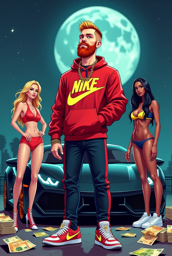 Cartoon, White gangster rapper, 1,75m, with short blonde hair and a red 3 day beard, wears a chain with a cross and Nike shoes and a Nike jogging suit
stands in front of a black Ferrari, to the left and right of him are two pretty women with blonde and black hair in hot pants, there are lots of colorful euro bills everywhere,
In the background the moon and Stars