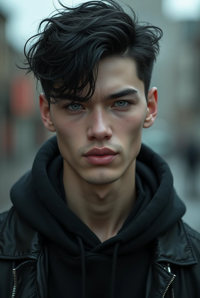 A young man, white skin and short black hair, with a cool haircut, gray blue eyes. Despite being young, he has a marked jaw., a treacherous smile. The face has a more triangular shape, wears loose, dark clothes. Very urban style, half hip-hop. PICTURE REALISTIC.