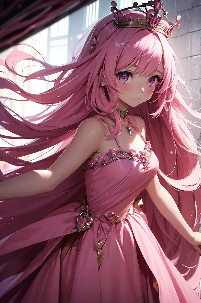 Beautiful woman, long hair, princess crown on head, pink dress, pink dress, pink dress, torn dress, chained with outstretched arms, prisoner, prisoner, shackles on arms, outstretched arms, pink heels, bare legs, bare arms