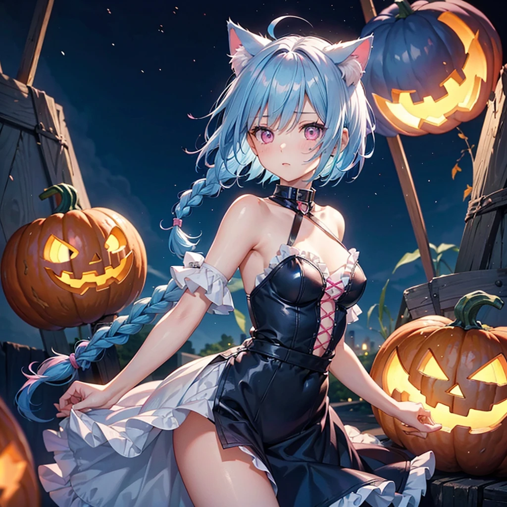 (Sky blue hair),(Braided short hair), (Pink Eyes),Fair skin) ,(whole body),(One Girl),(There are lots of pumpkin ghosts in the background),Cat ear,Cat's Tail,(Sailor suit),(Ahegao),(Fall into Darkness),If you don't give me sweets, I'll play a prank on you.),Halloween Night Party),(masterpiece, Highest quality, Very detailed, Best Shadow), (Detailed Background), (Beautifully detailed face), High Contrast, (Best lighting, Very delicate and beautiful), ((Cinematic Light)), Hyper Detail,8k, Dramatic Light, Intricate details,night,(Bats flying in the background),High quality
